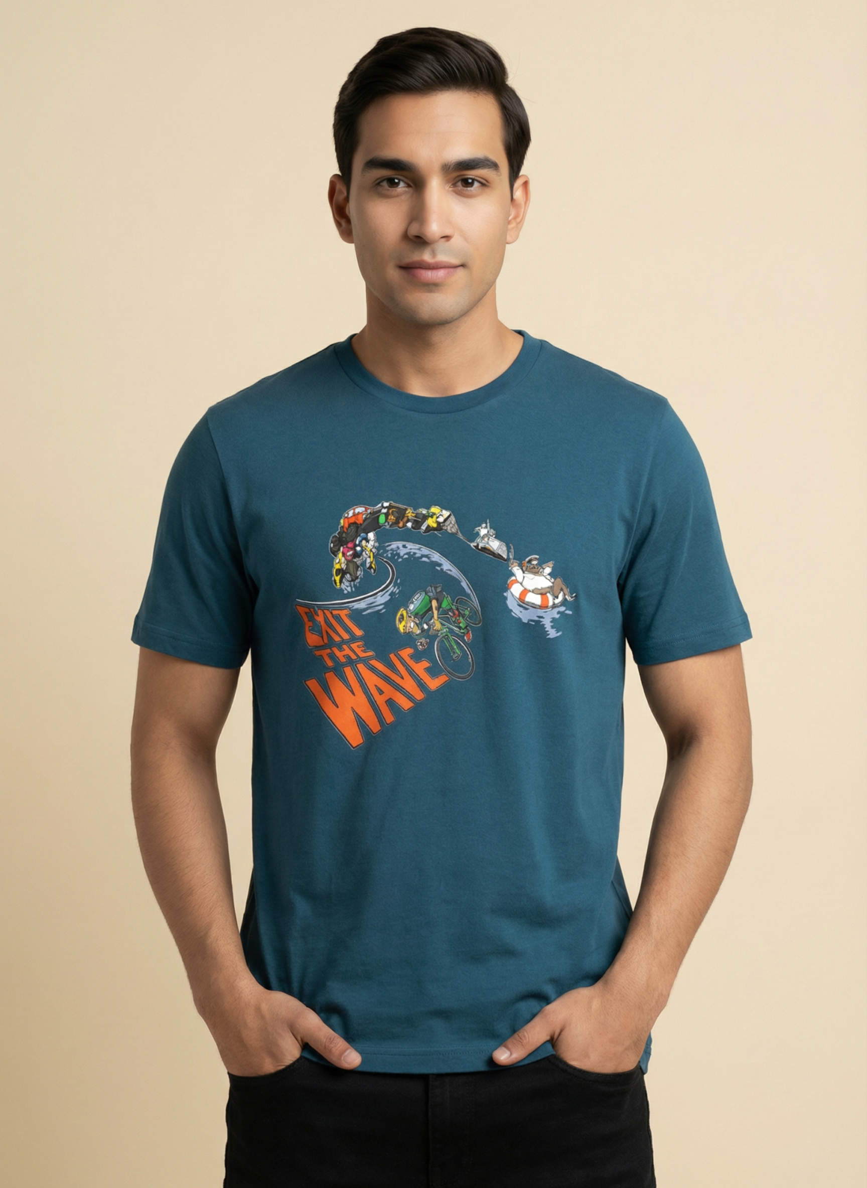 Exit The Wave - Unisex Regular Fit Cotton T-Shirt Navy Blue