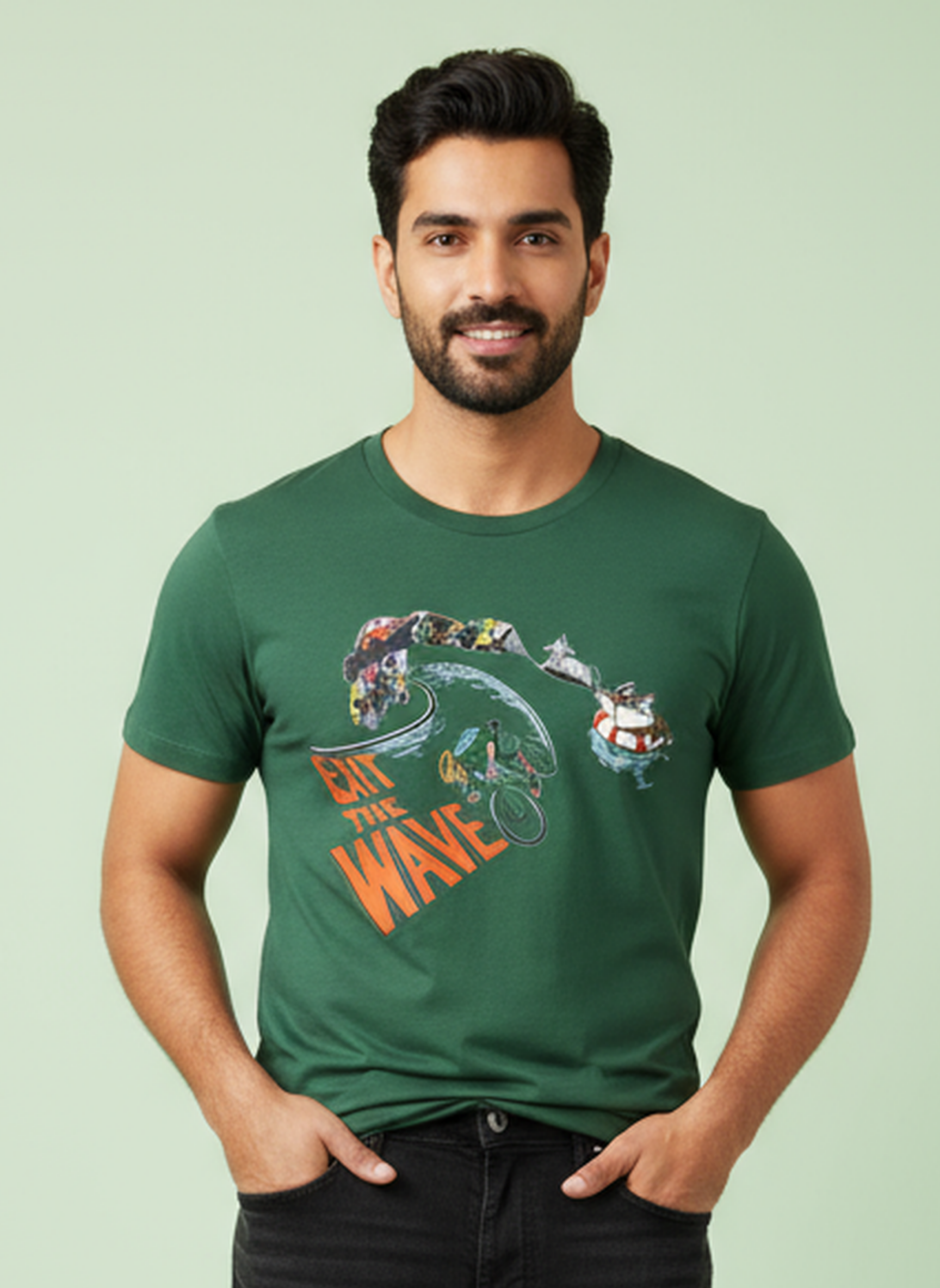 Exit The Wave - Unisex Regular Fit Cotton T-Shirt Olive Green
