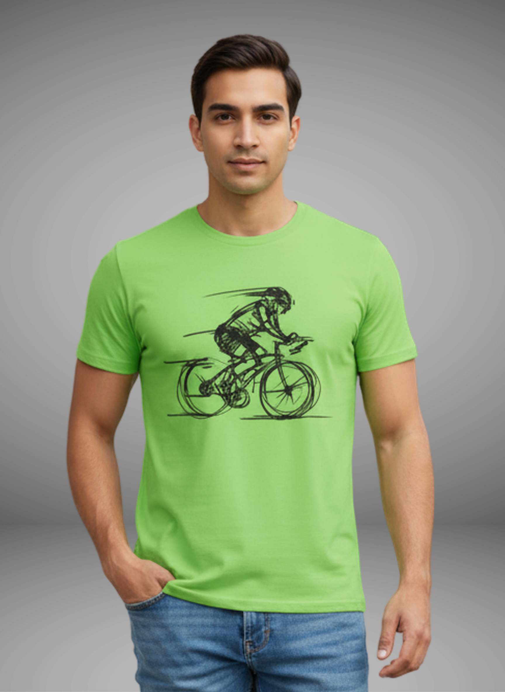 Bike Sketch - Unisex Regular Fit Cotton T-Shirt Liril Green